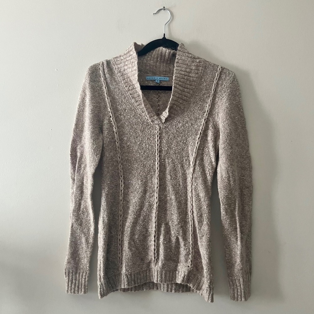 Antonio‎ Melani Wool Blend Sweater Medium Tan Lightweight Shawl V Neckline